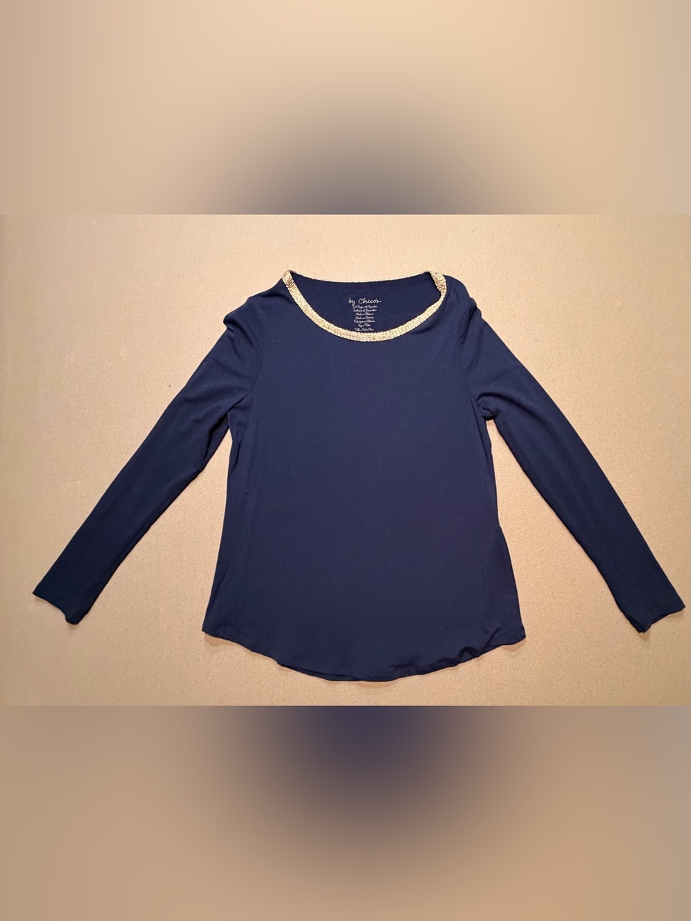 Chicos Navy Top with Gold Metallic Neck Size 0 Petite